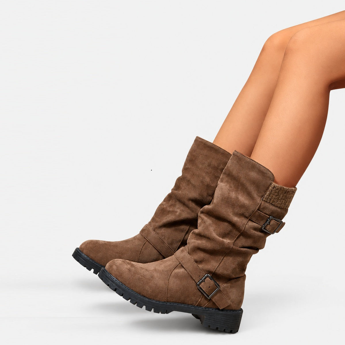 Slouch-Stiefel Damen mit modischem Gerafften Design und Schnallen - 2 - Annoboutique