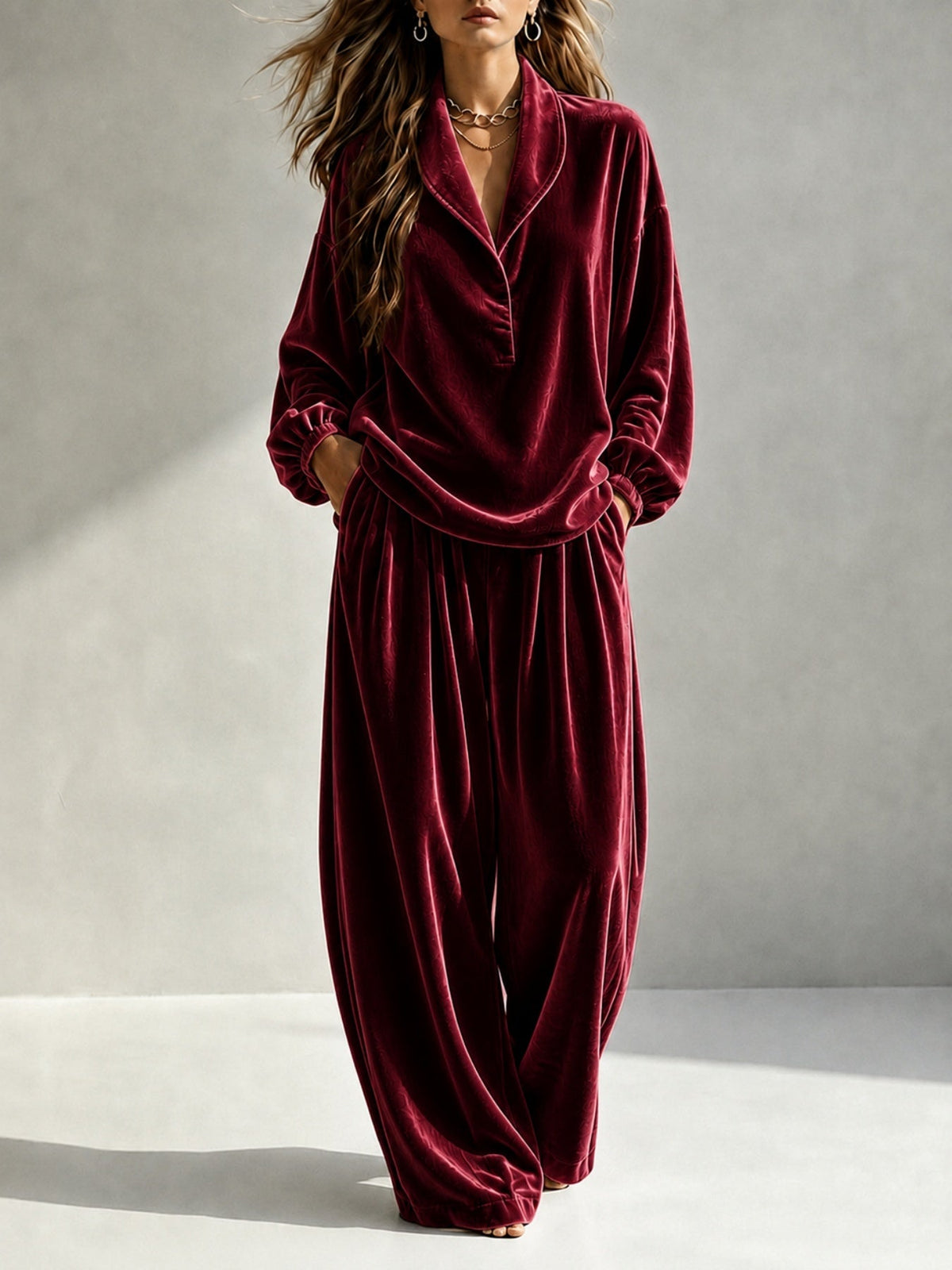 Lounge Set Damen mit Langarmoberteil und weiten Hosen für entspannte Tage - 1 - Annoboutique