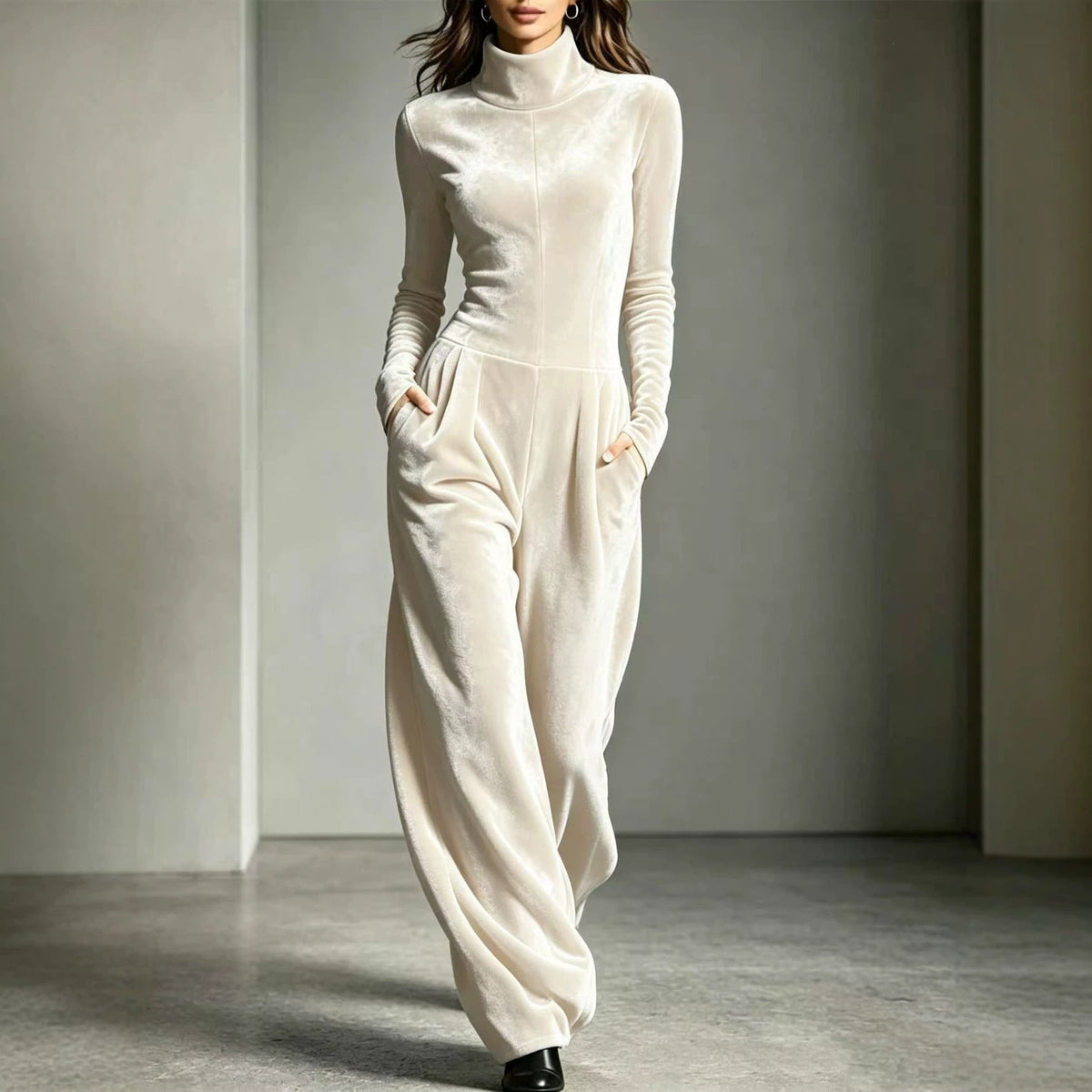 Eleganter Damen-Jumpsuit mit Stehkragen und langen Ärmeln im lässigen Schnitt - 1 - Annoboutique