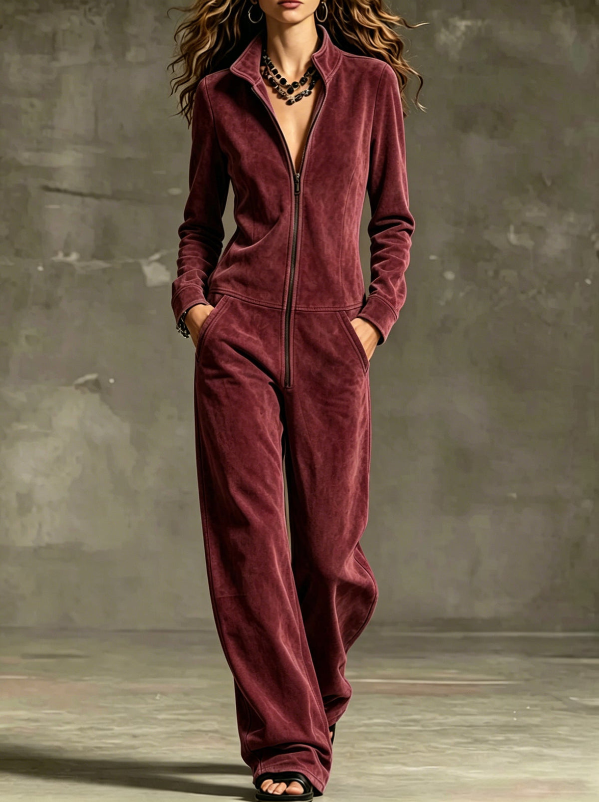 Damen-Jumpsuit mit hohem Kragen und weitem Schnitt - 1 - Annoboutique