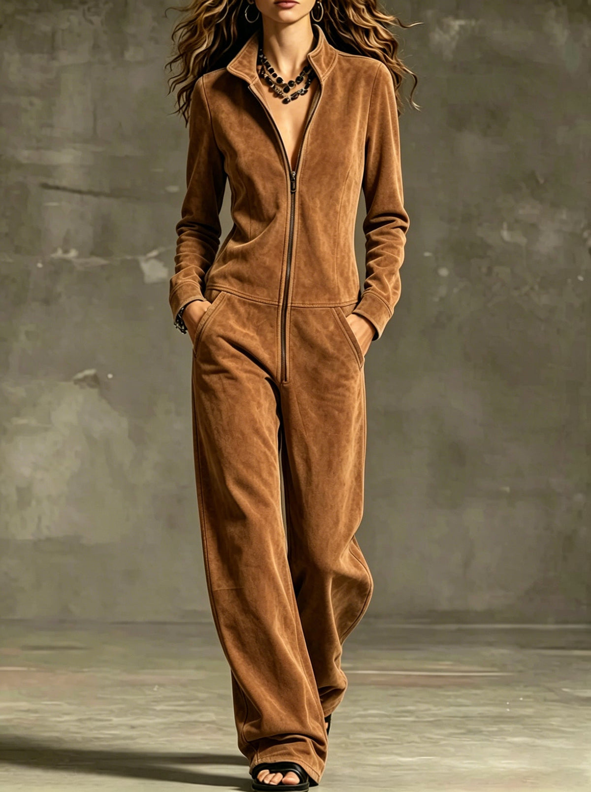 Damen-Jumpsuit mit hohem Kragen und weitem Schnitt - 12 - Annoboutique