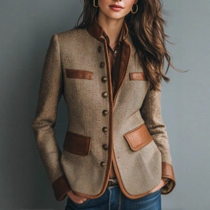 Eleganter Blazer Damen mit Lederdetails und Knopfverschluss - 1 - Annoboutique