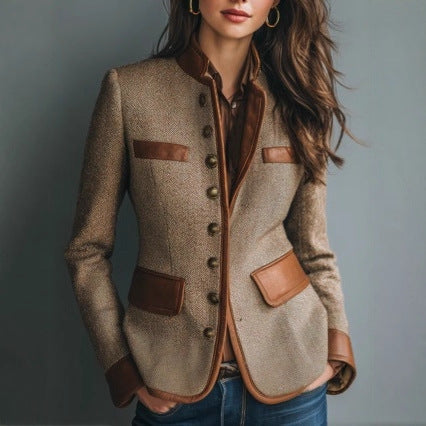 Eleganter Blazer Damen mit Lederdetails und Knopfverschluss - 3 - Annoboutique