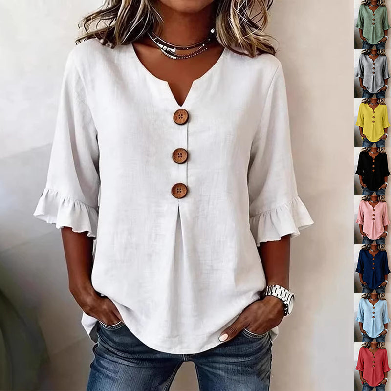 Bluse Damen mit Rüschenärmeln und V-Ausschnitt, Knopfdetails - 1 - Annoboutique
