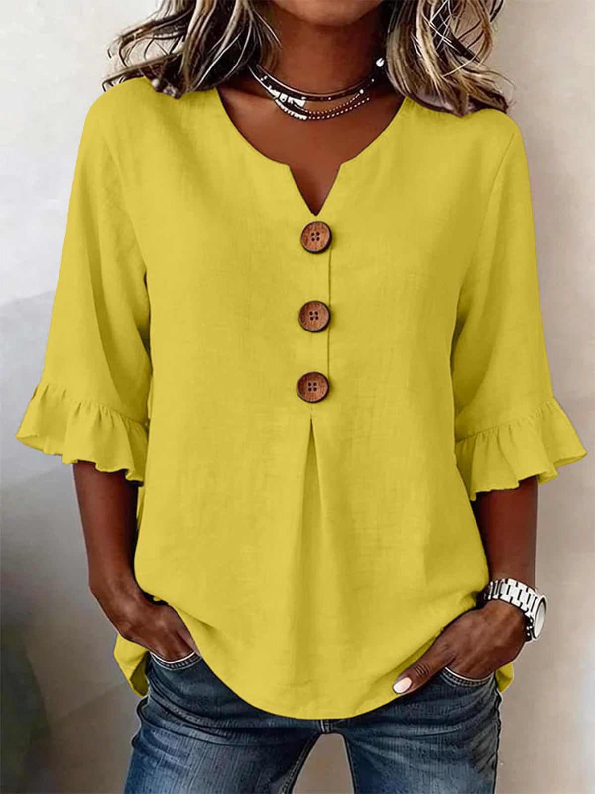 Bluse Damen mit Rüschenärmeln und V-Ausschnitt, Knopfdetails - 2 - Annoboutique
