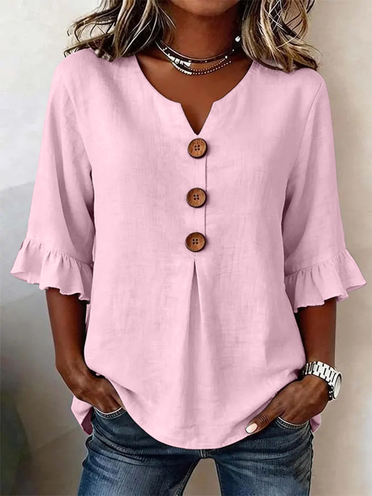 Bluse Damen mit Rüschenärmeln und V-Ausschnitt, Knopfdetails - 3 - Annoboutique