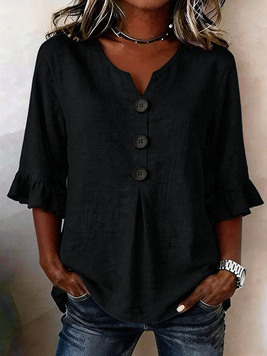 Bluse Damen mit Rüschenärmeln und V-Ausschnitt, Knopfdetails - 4 - Annoboutique