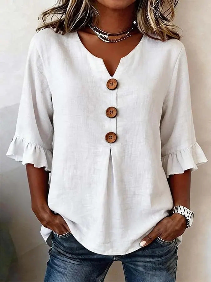 Bluse Damen mit Rüschenärmeln und V-Ausschnitt, Knopfdetails - 6 - Annoboutique