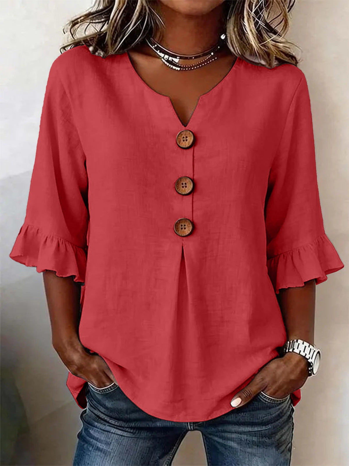 Bluse Damen mit Rüschenärmeln und V-Ausschnitt, Knopfdetails - 7 - Annoboutique