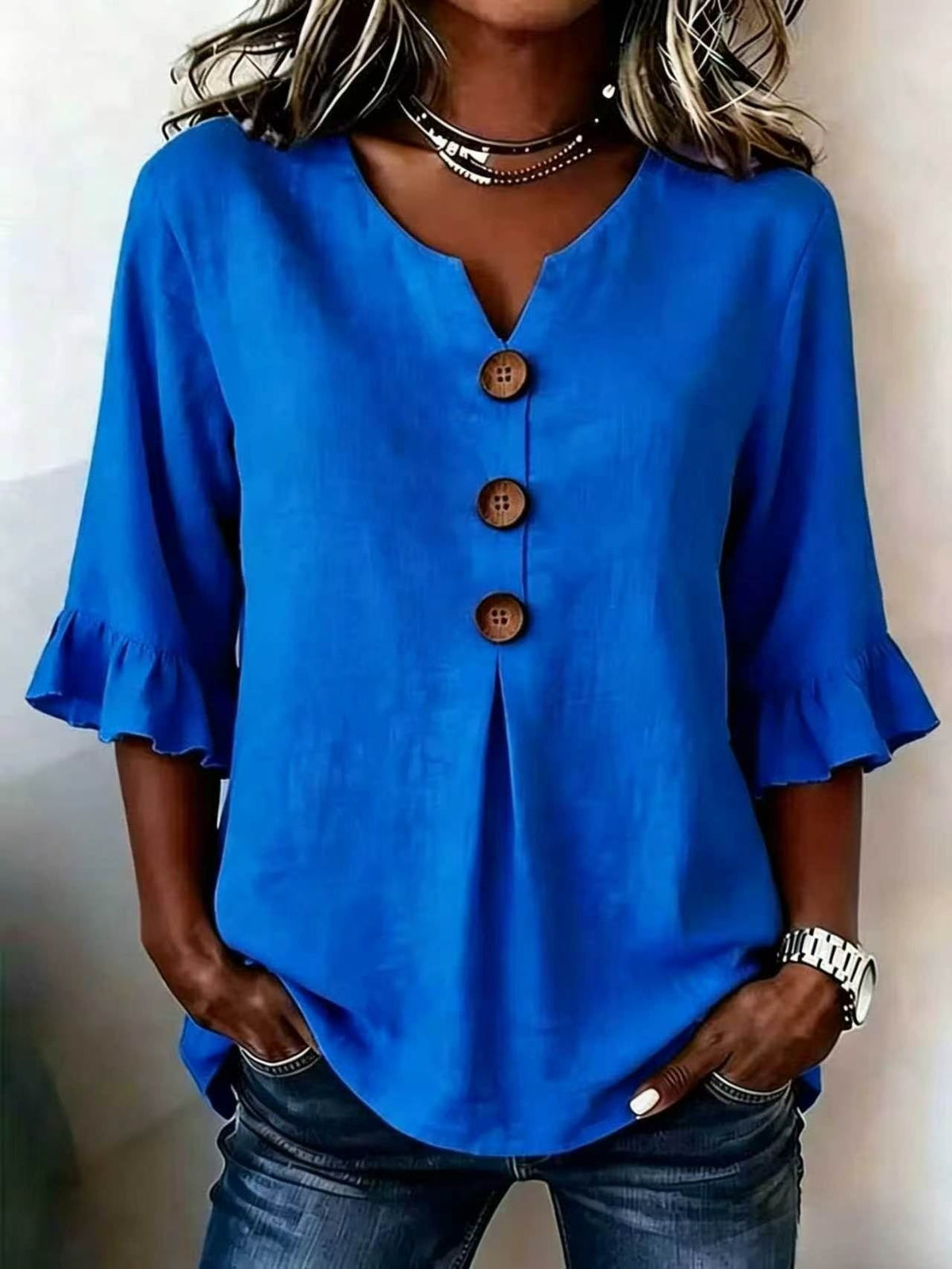 Bluse Damen mit Rüschenärmeln und V-Ausschnitt, Knopfdetails - 8 - Annoboutique
