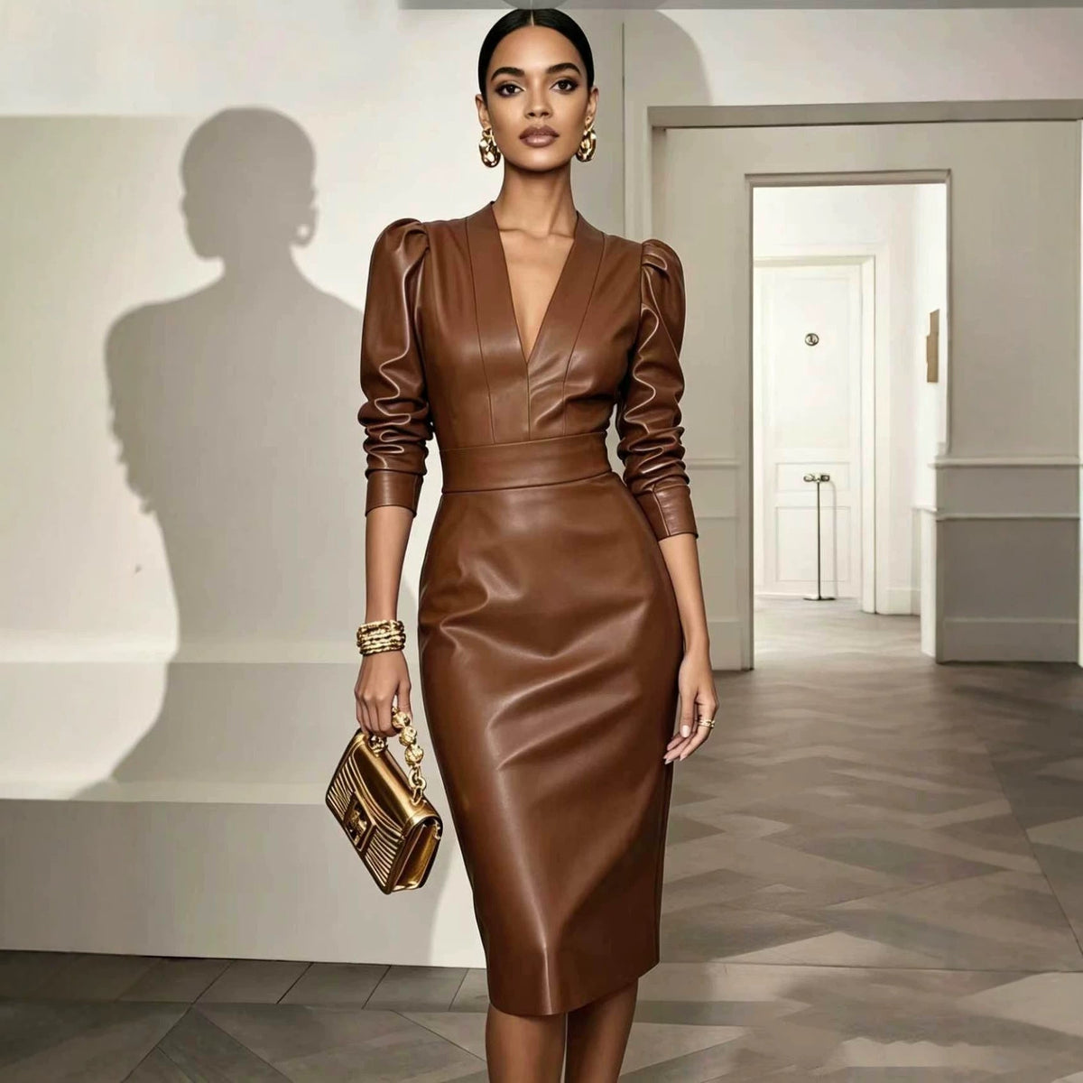 Abendkleid Damen mit V-Ausschnitt und Puffärmeln in Braun - 3 - Annoboutique