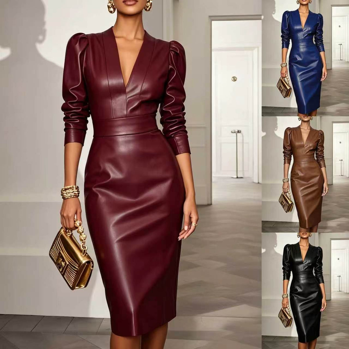 Abendkleid Damen mit V-Ausschnitt und Puffärmeln in Braun - 6 - Annoboutique