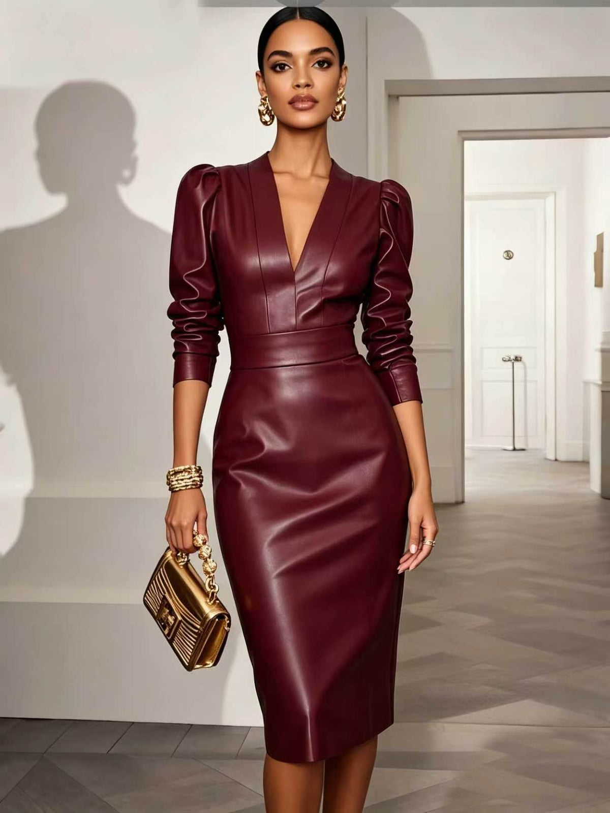 Abendkleid Damen mit V-Ausschnitt und Puffärmeln in Braun - 7 - Annoboutique