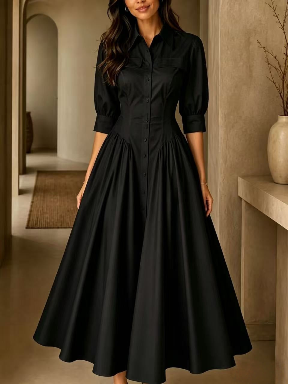 Hemdblusenkleid Damen mit taillierter Silhouette und Halbarm - 3 - Annoboutique