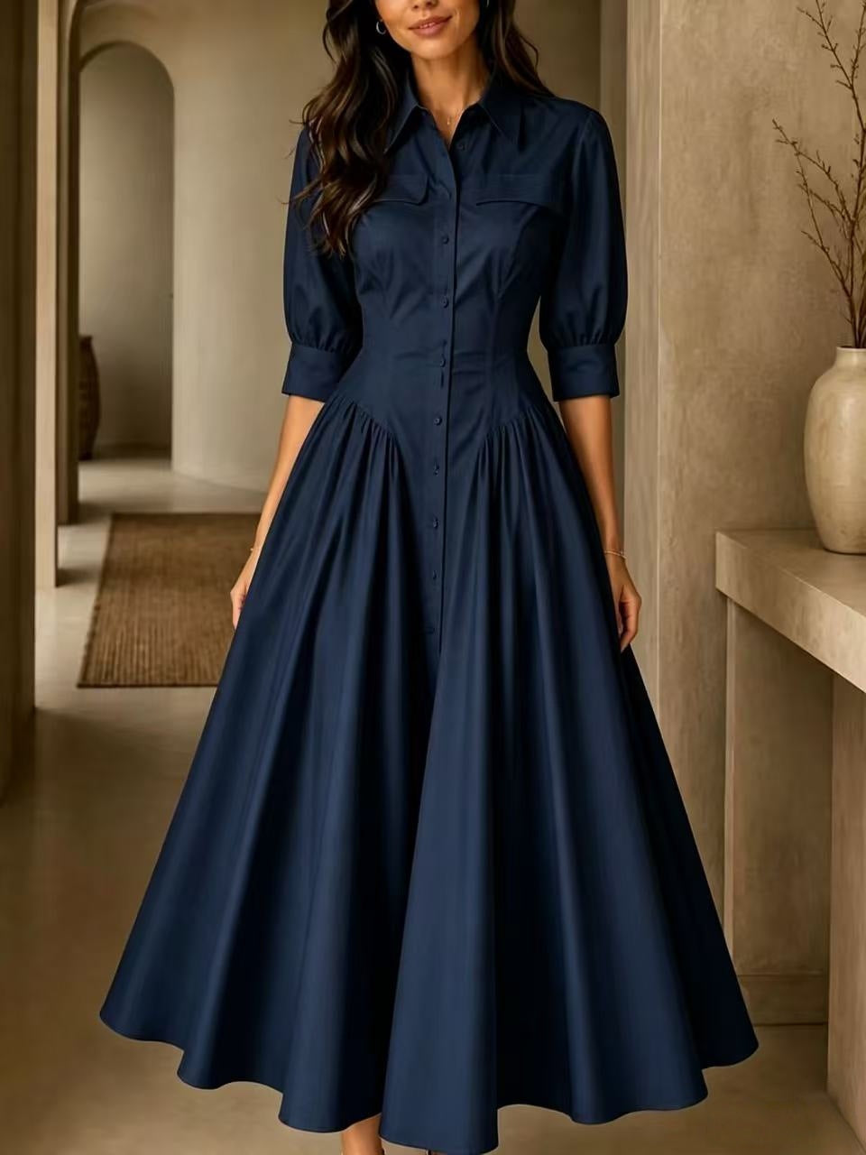 Hemdblusenkleid Damen mit taillierter Silhouette und Halbarm - 5 - Annoboutique