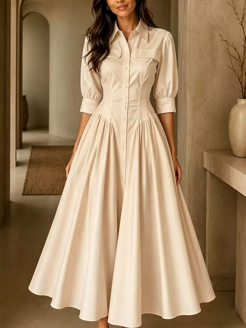 Hemdblusenkleid Damen mit taillierter Silhouette und Halbarm - 7 - Annoboutique