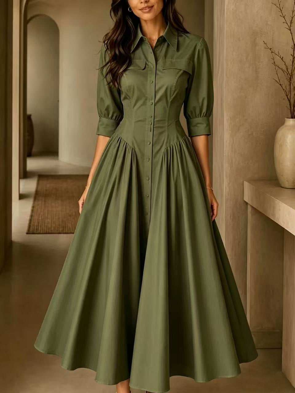 Hemdblusenkleid Damen mit taillierter Silhouette und Halbarm - 8 - Annoboutique