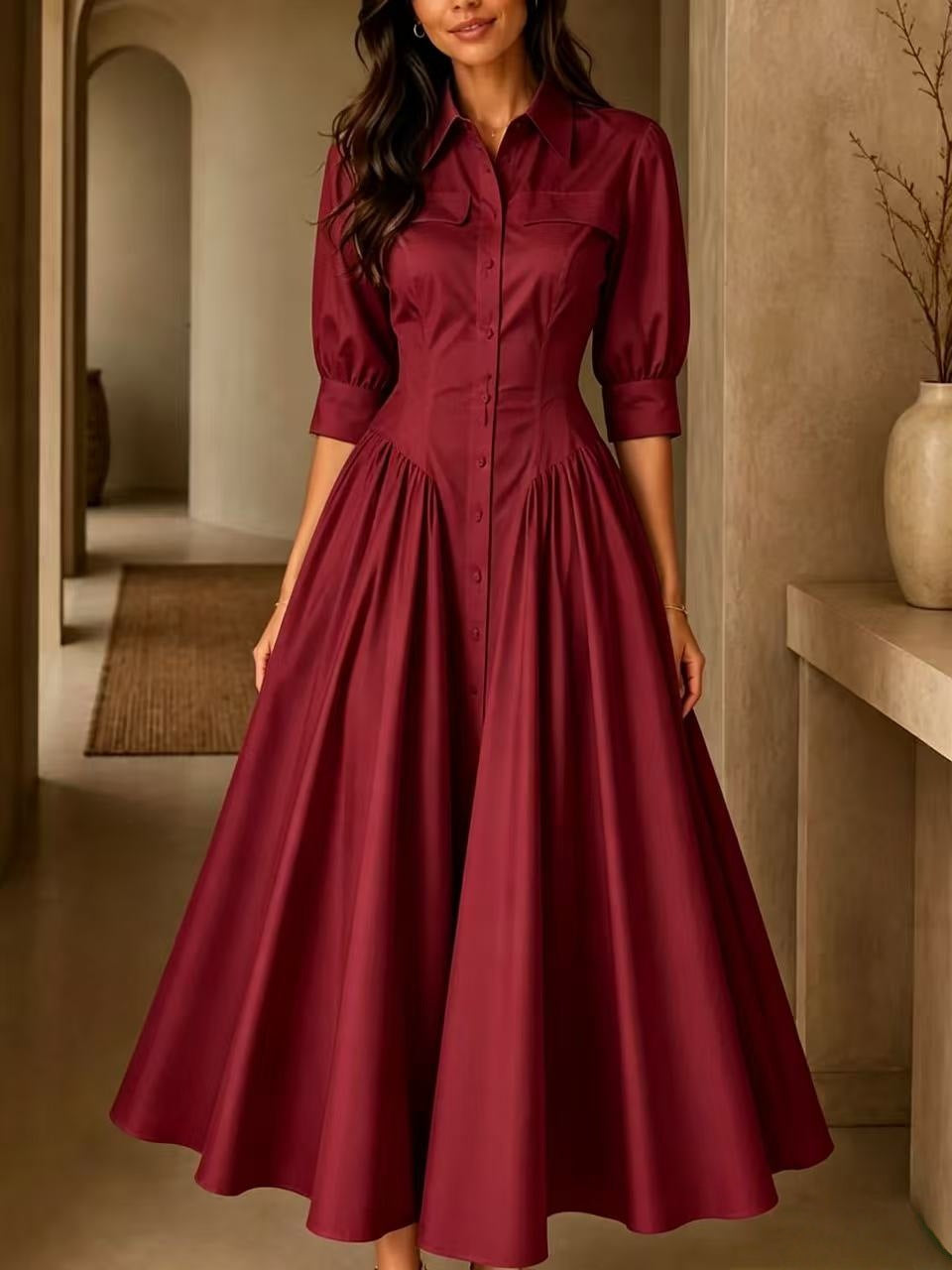 Hemdblusenkleid Damen mit taillierter Silhouette und Halbarm - 10 - Annoboutique