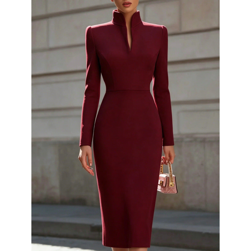 Kleid Damen mit Stehkragen und langen Ärmeln, figurbetont geschnitten - 2 - Annoboutique
