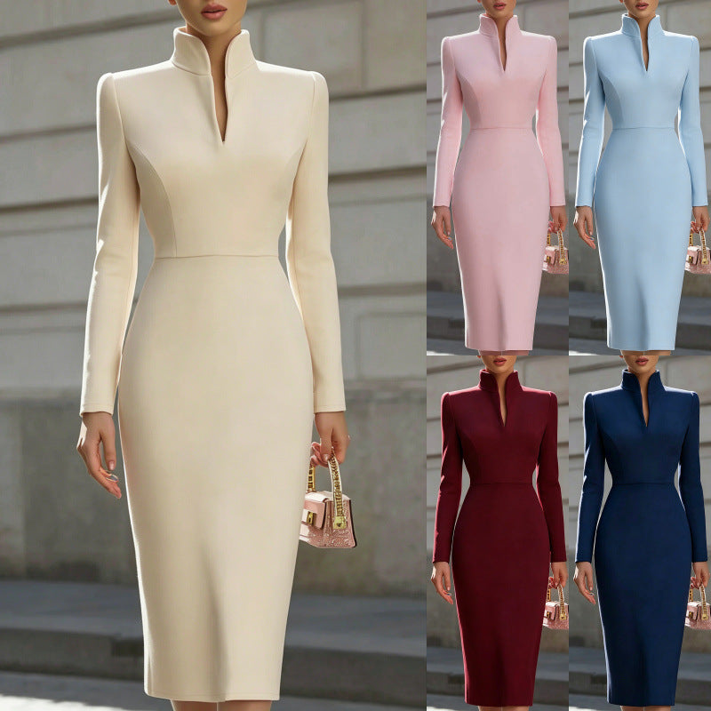 Kleid Damen mit Stehkragen und langen Ärmeln, figurbetont geschnitten - 7 - Annoboutique