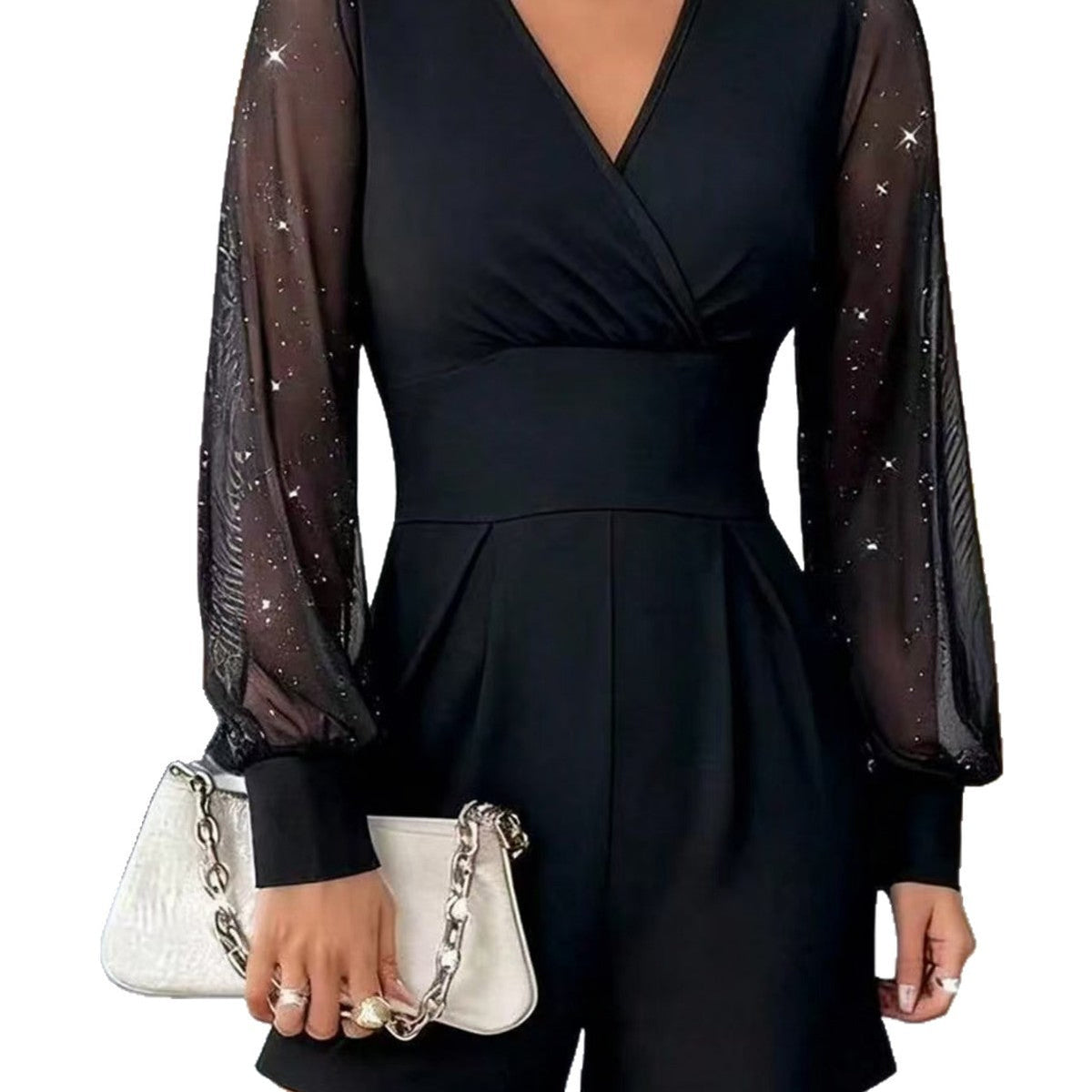 Jumpsuit Damen mit Wickeldetail und Puffärmeln in Schwarz - 5 - Annoboutique