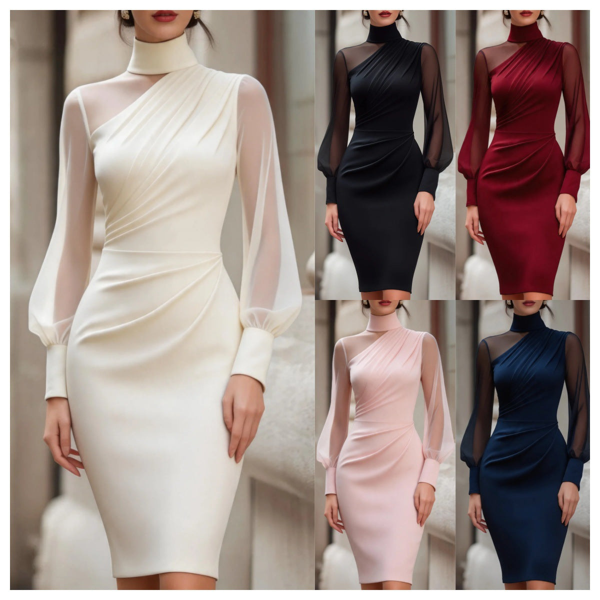 Abendkleid Damen mit Wickelschnitt und langen Puffärmeln - 12 - Annoboutique