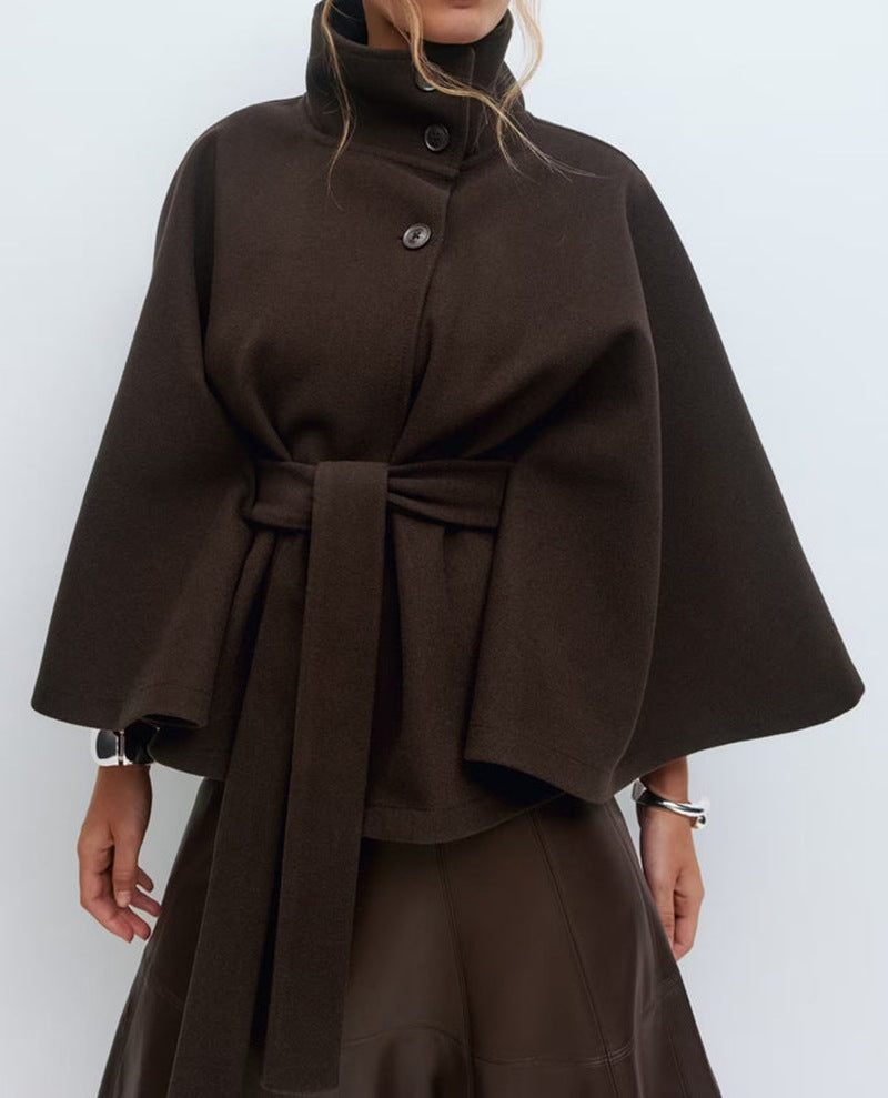 Damen Jacke mit hohem Kragen und Wickelgürtel, modische Weite - 4 - Annoboutique