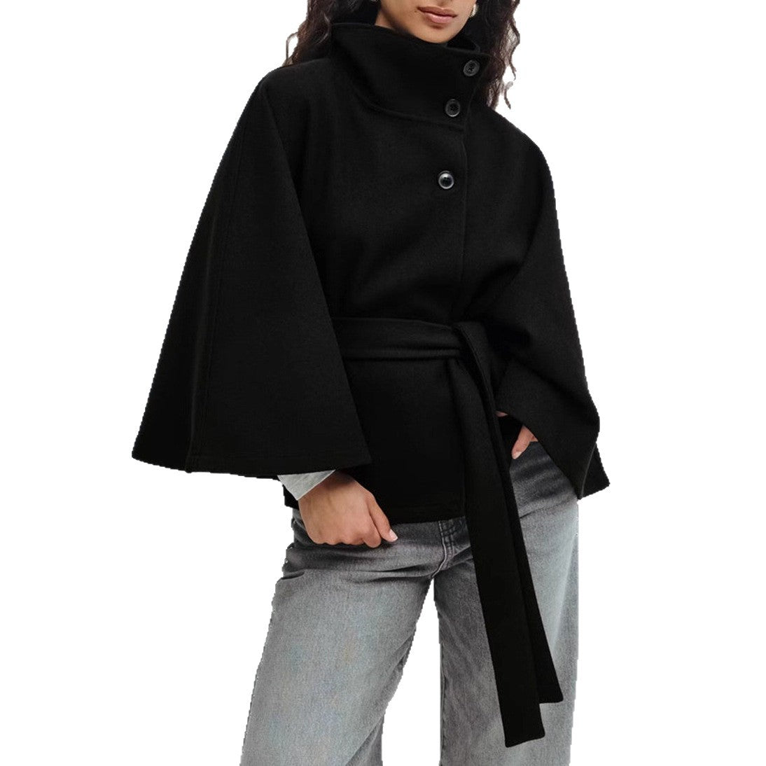 Damen Jacke mit hohem Kragen und Wickelgürtel, modische Weite - 6 - Annoboutique