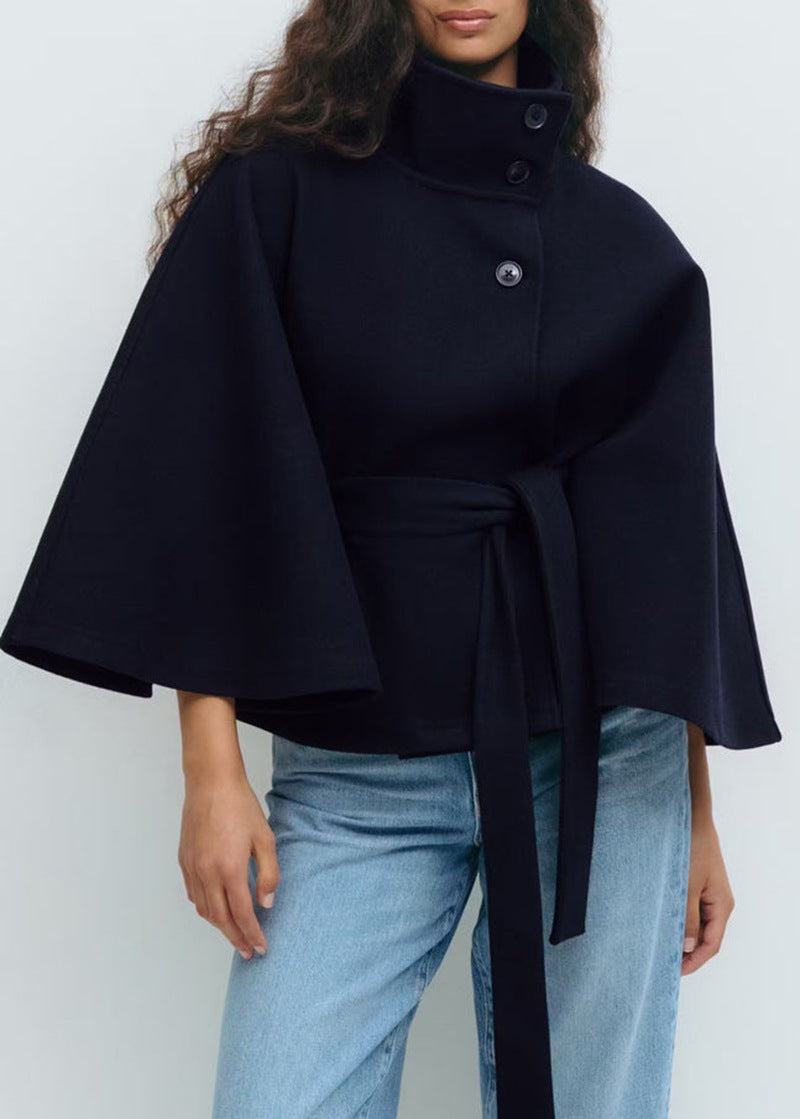 Damen Jacke mit hohem Kragen und Wickelgürtel, modische Weite - 7 - Annoboutique