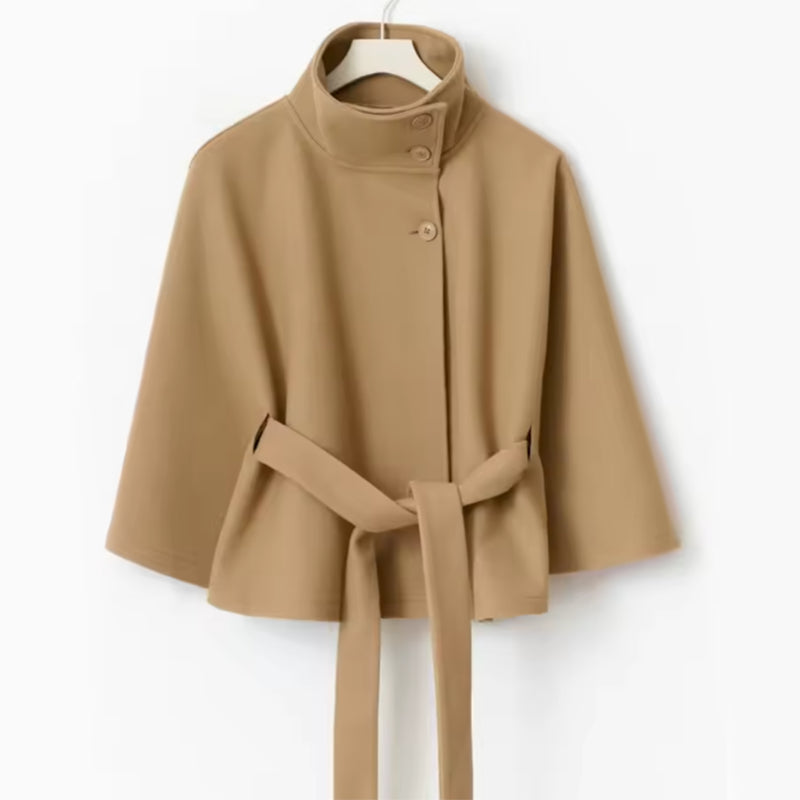 Damen Jacke mit hohem Kragen und Wickelgürtel, modische Weite - 9 - Annoboutique