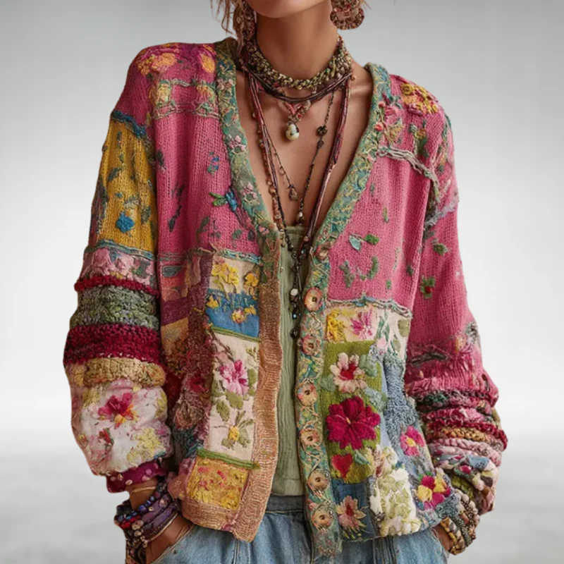Damen Cardigan mit verspieltem Patchwork und V-Ausschnitt - 1 - Annoboutique