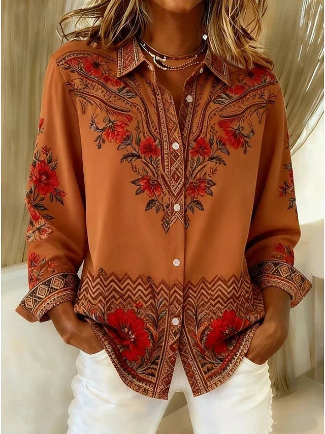 Bluse Damen mit floralem Muster und Knopfleiste in Terrakotta - 1 - Annoboutique