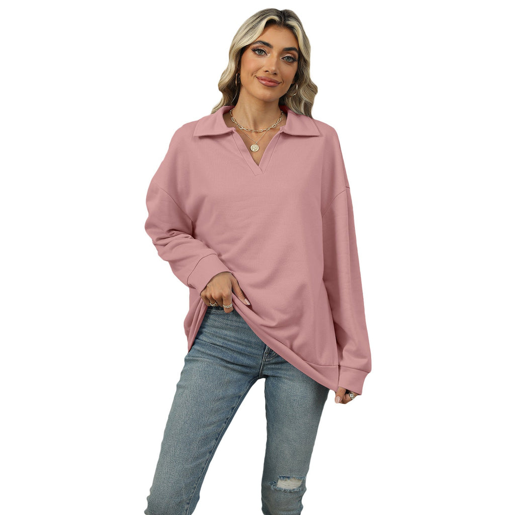 Damen Relaxed Fit Sweatshirt mit modischem V-Ausschnitt und Revers - 1 - Annoboutique