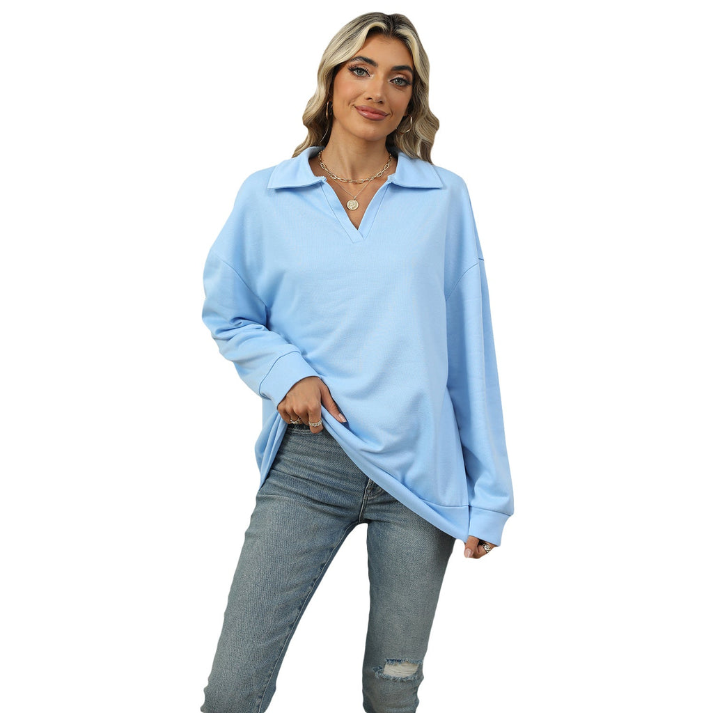 Damen Relaxed Fit Sweatshirt mit modischem V-Ausschnitt und Revers - 3 - Annoboutique