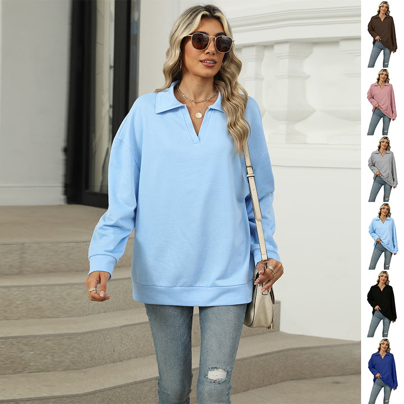 Damen Relaxed Fit Sweatshirt mit modischem V-Ausschnitt und Revers - 4 - Annoboutique