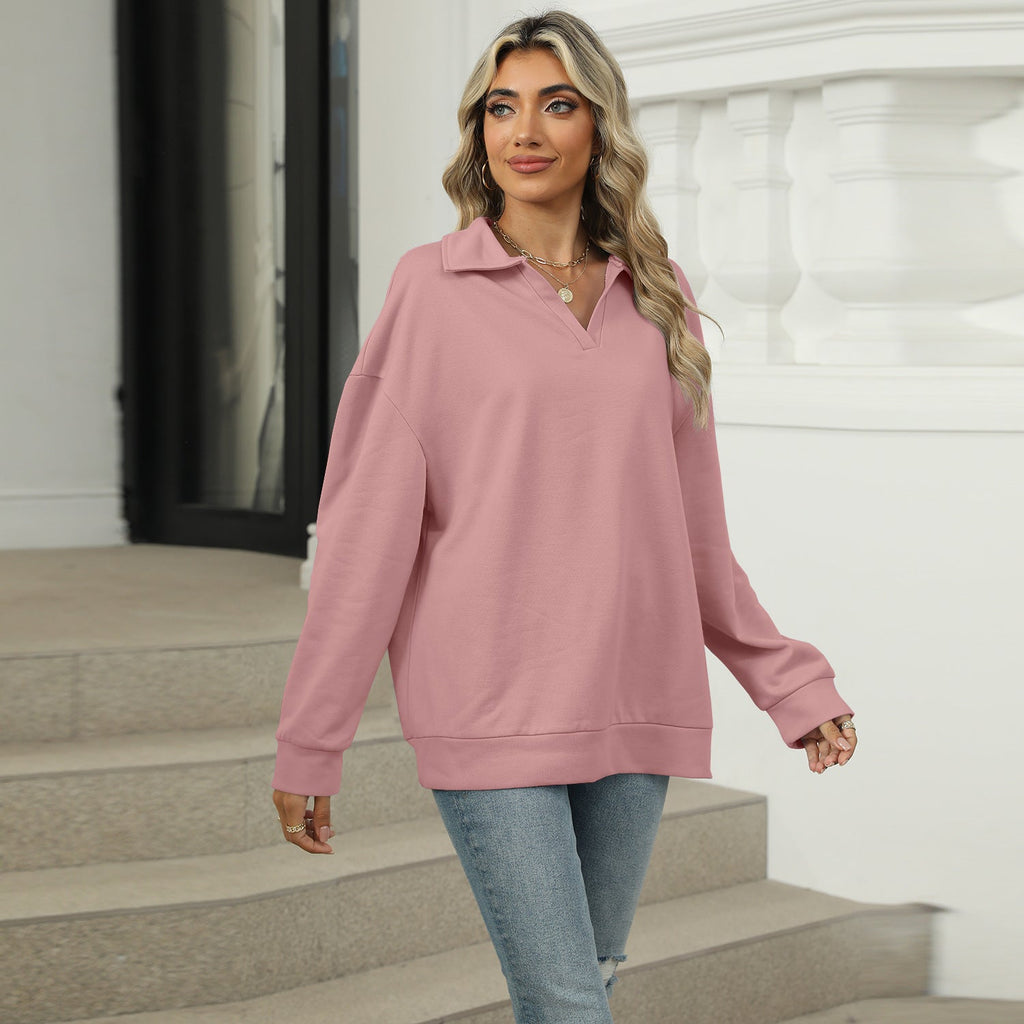 Damen Relaxed Fit Sweatshirt mit modischem V-Ausschnitt und Revers - 5 - Annoboutique