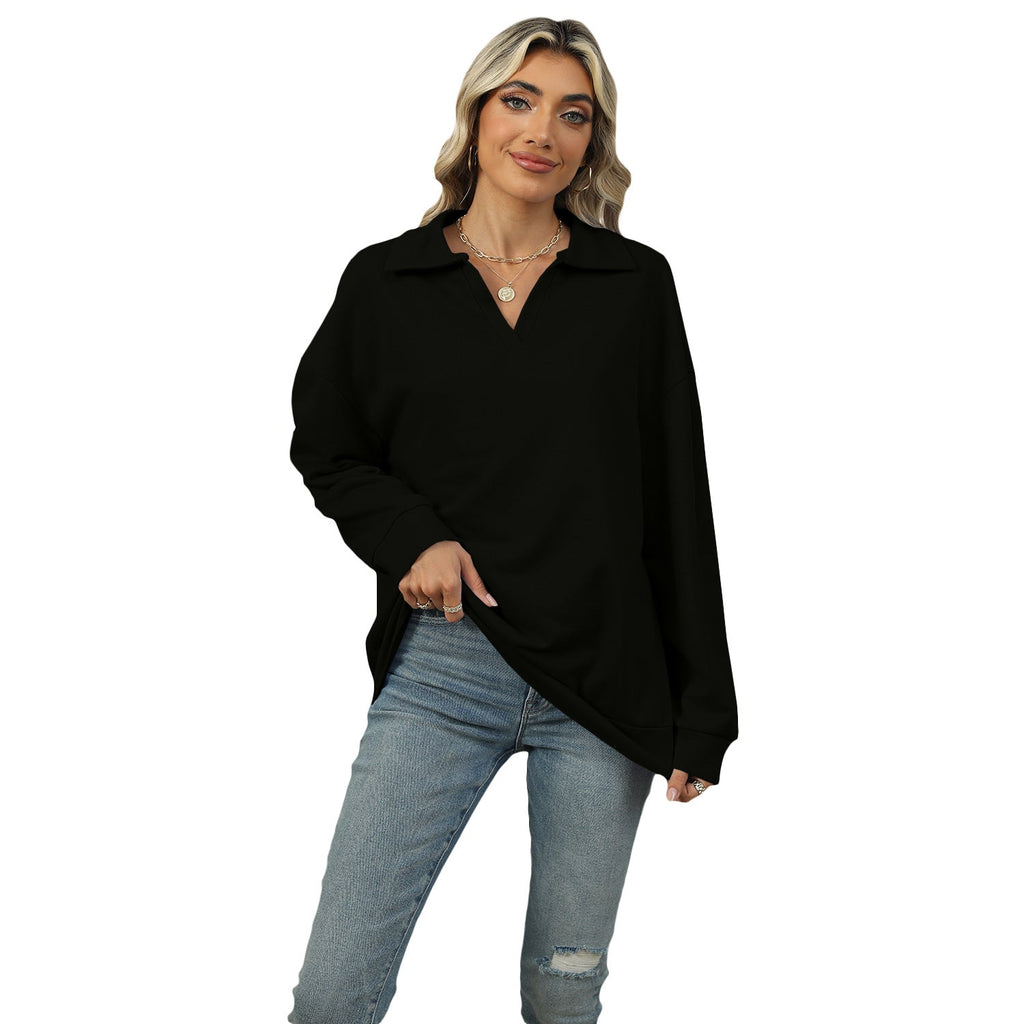 Damen Relaxed Fit Sweatshirt mit modischem V-Ausschnitt und Revers - 7 - Annoboutique