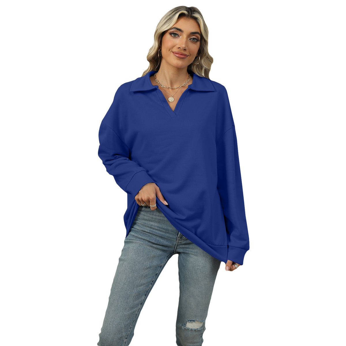 Damen Relaxed Fit Sweatshirt mit modischem V-Ausschnitt und Revers - 8 - Annoboutique