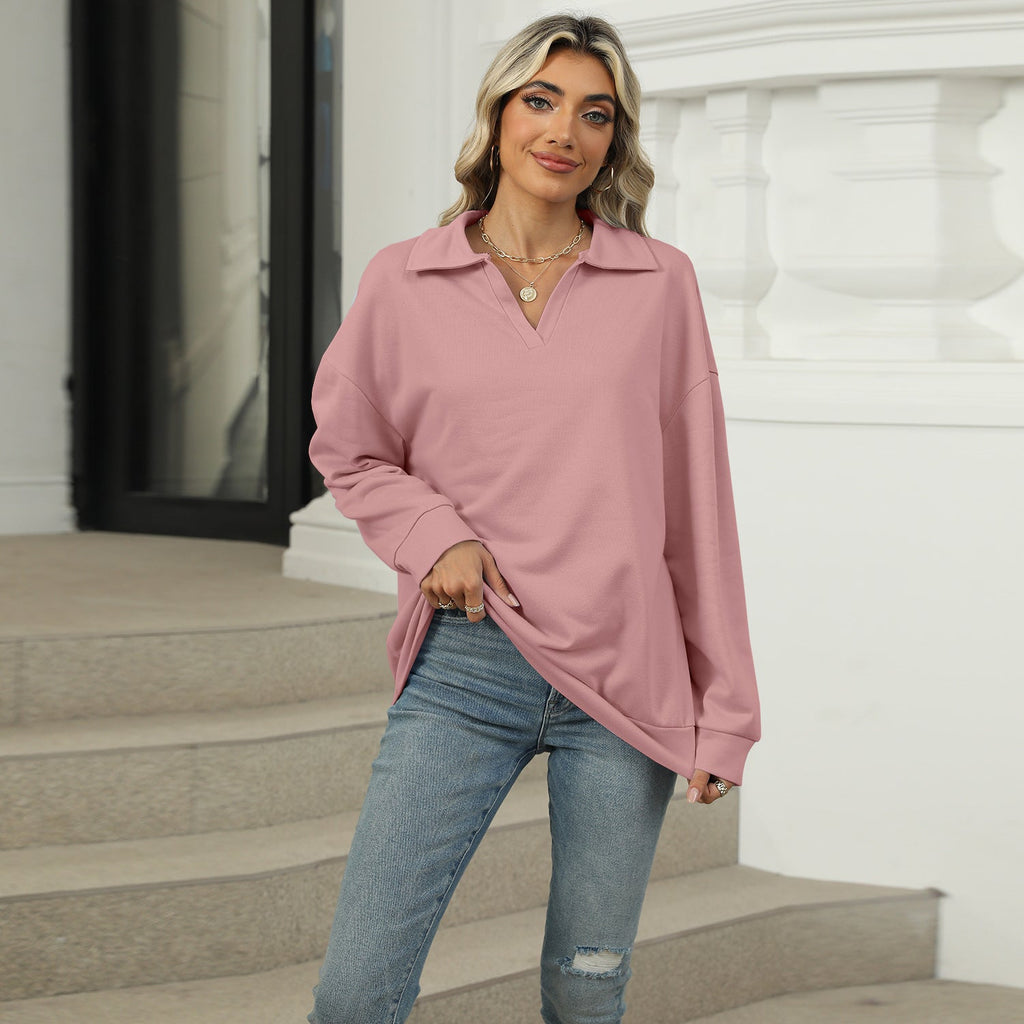 Damen Relaxed Fit Sweatshirt mit modischem V-Ausschnitt und Revers - 9 - Annoboutique
