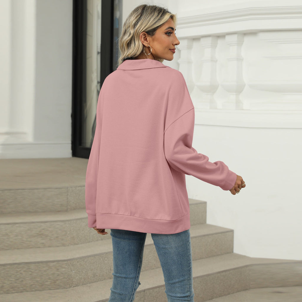 Damen Relaxed Fit Sweatshirt mit modischem V-Ausschnitt und Revers - 10 - Annoboutique