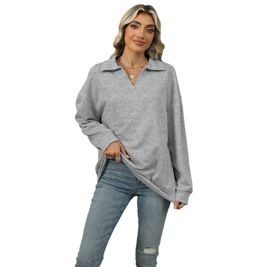Damen Relaxed Fit Sweatshirt mit modischem V-Ausschnitt und Revers - 11 - Annoboutique