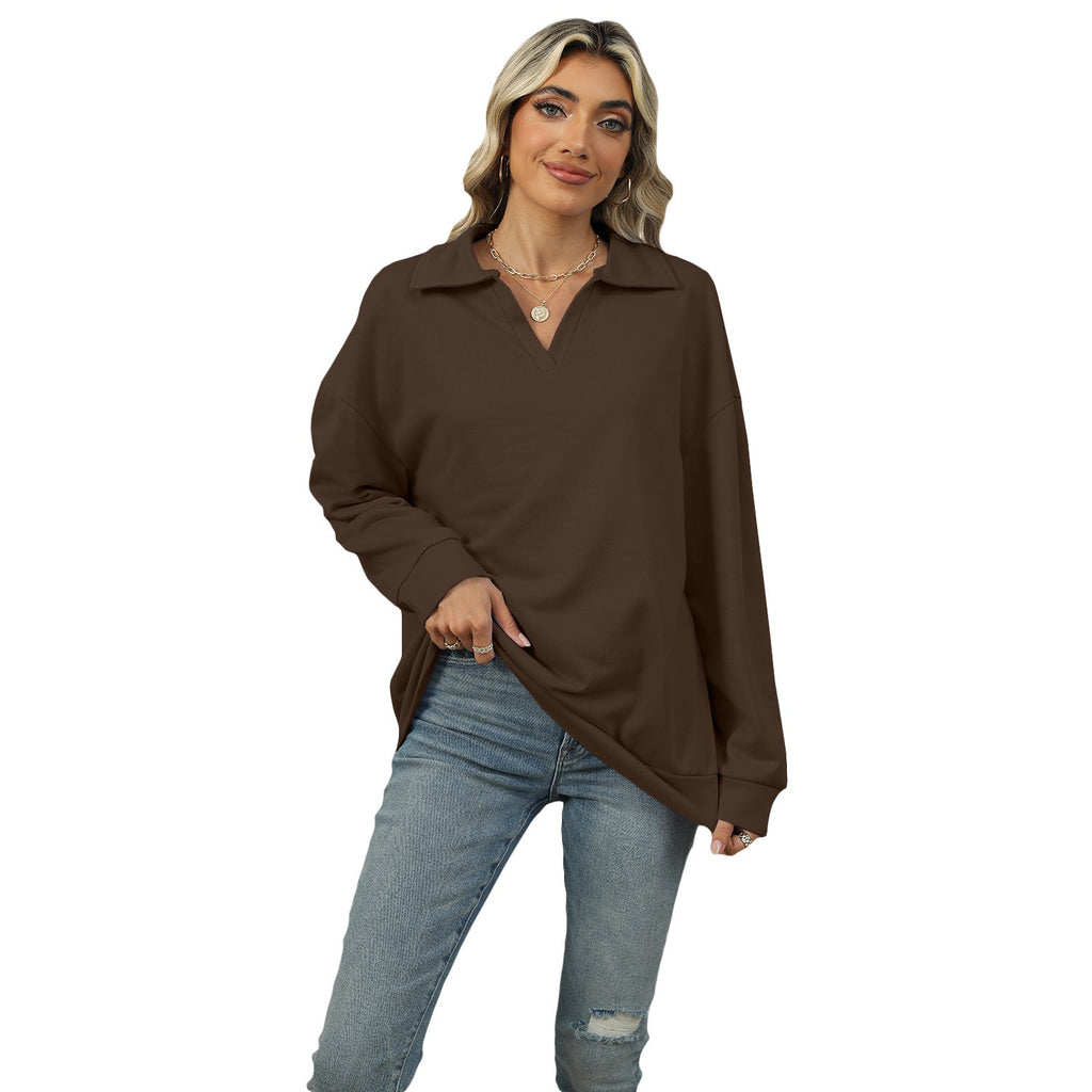 Damen Relaxed Fit Sweatshirt mit modischem V-Ausschnitt und Revers - 12 - Annoboutique