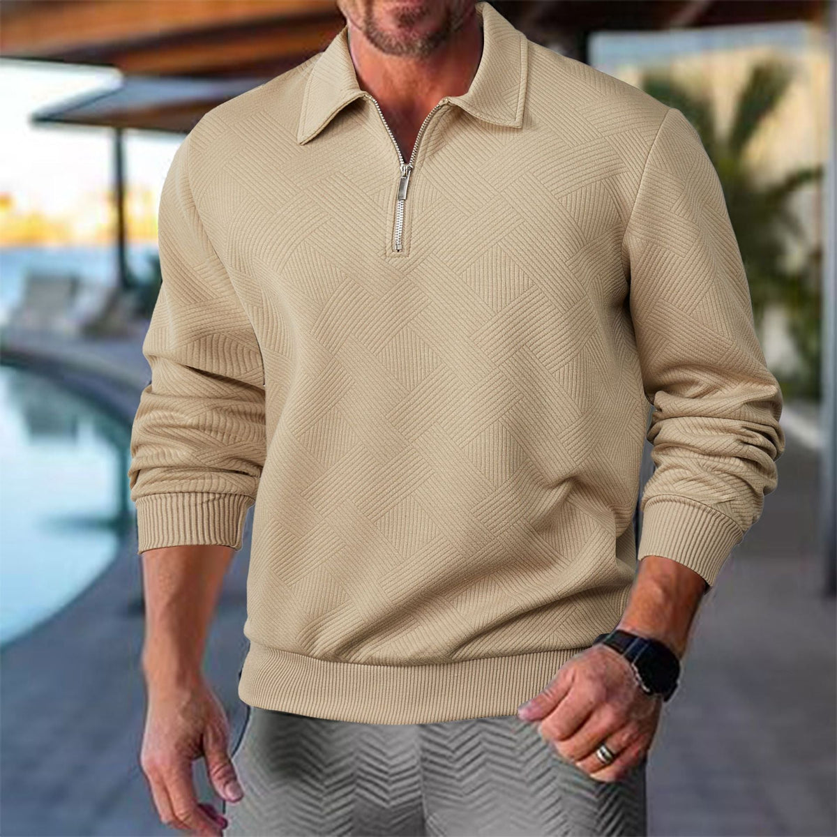 Herren Sweatshirt mit Halb-Zip und Jacquard-Muster für einen modernen Look - 13 - Annoboutique