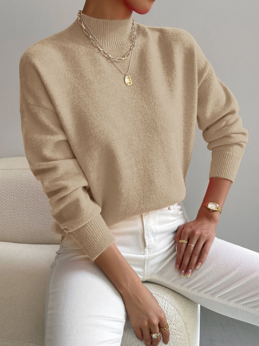 Modischer Damenpullover mit mittelhohem Kragen und lässiger Passform - 1 - Annoboutique