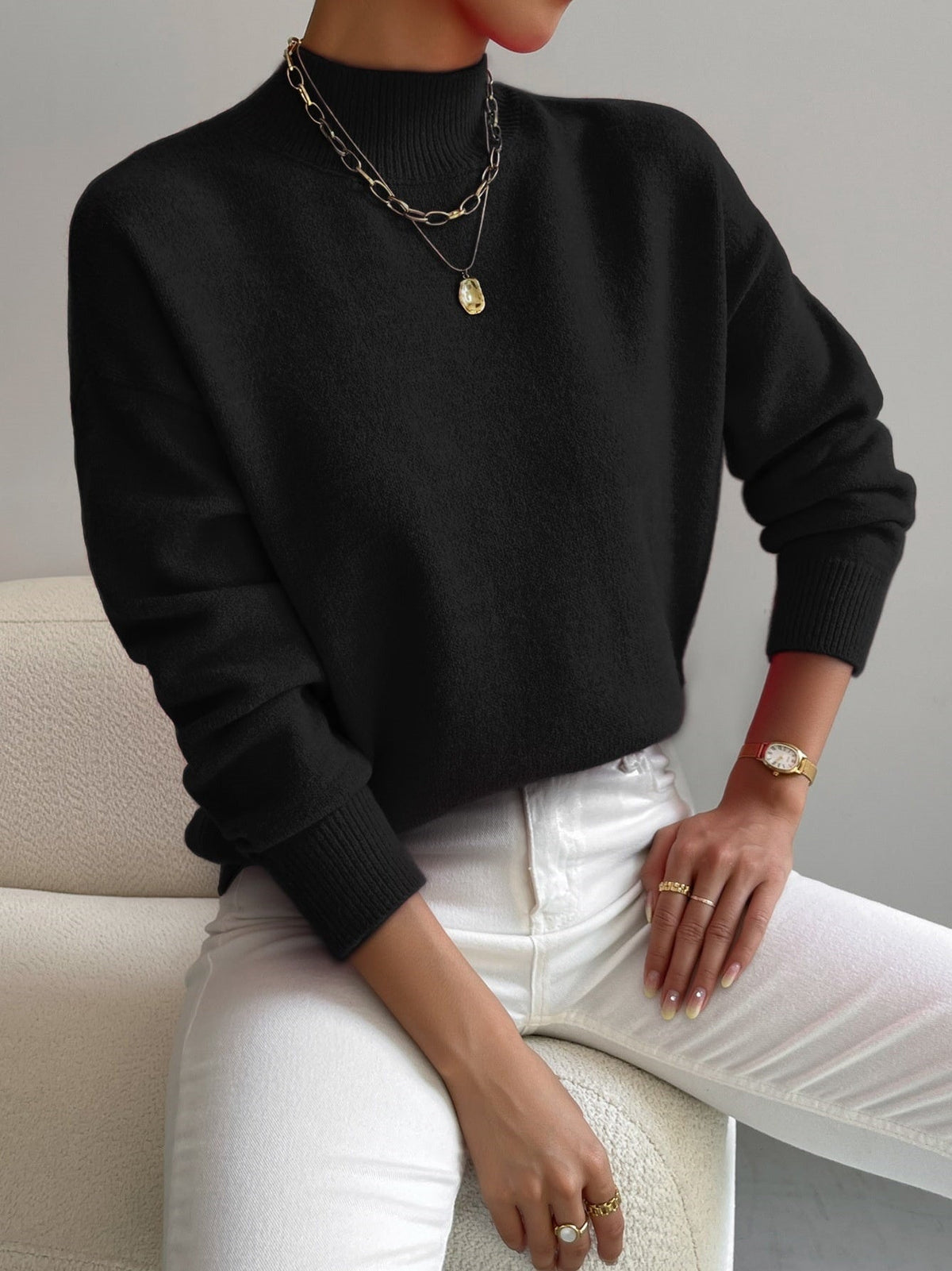 Modischer Damenpullover mit mittelhohem Kragen und lässiger Passform - 2 - Annoboutique