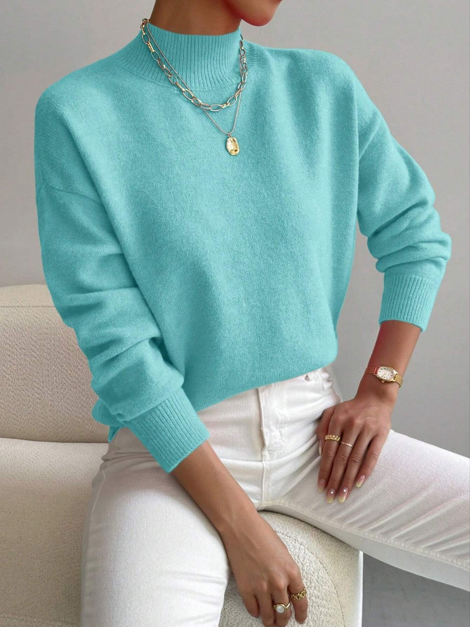 Modischer Damenpullover mit mittelhohem Kragen und lässiger Passform - 9 - Annoboutique
