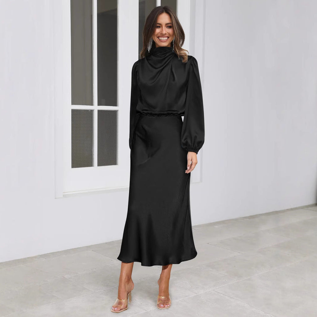 Elegantes Midi Kleid für Damen mit langärmeligen Schnitt und hohem Kragen - 1 - Annoboutique