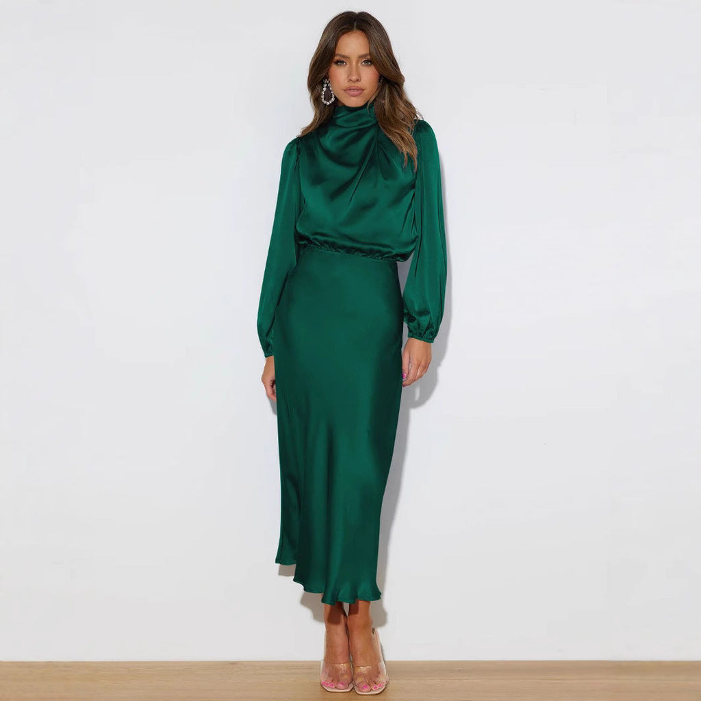 Elegantes Midi Kleid für Damen mit langärmeligen Schnitt und hohem Kragen - 8 - Annoboutique
