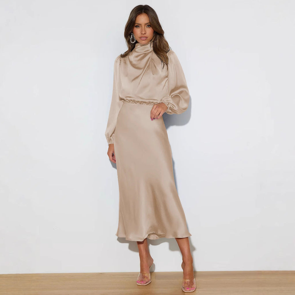 Elegantes Midi Kleid für Damen mit langärmeligen Schnitt und hohem Kragen - 9 - Annoboutique