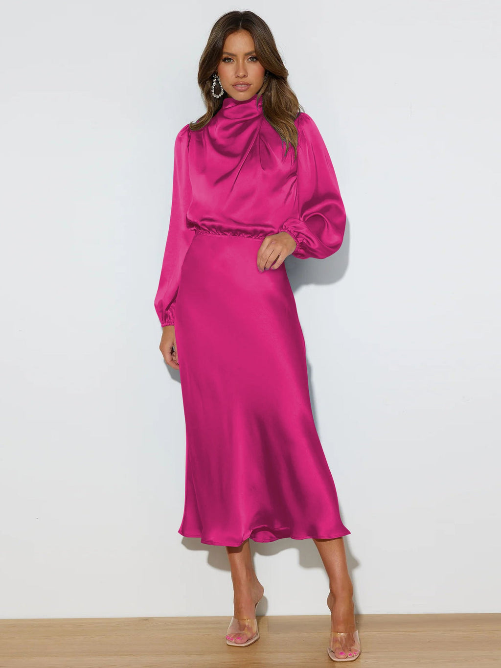 Elegantes Midi Kleid für Damen mit langärmeligen Schnitt und hohem Kragen - 10 - Annoboutique